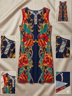 Size S 4/6 MSK Navy Floral Sheath fall Dress with Ring Accent